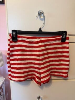 SHEIN Red and White Striped Crochet High Waist Shorts